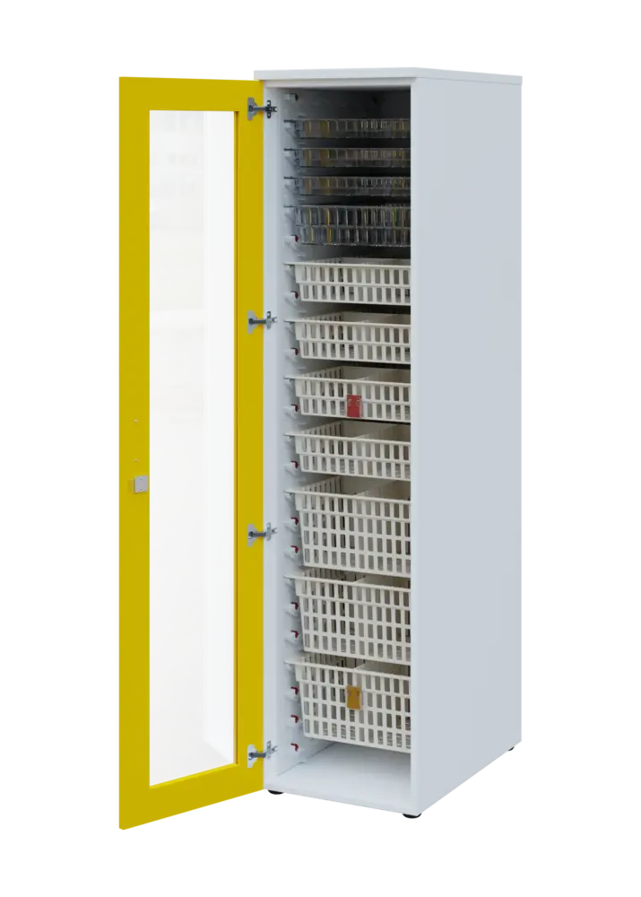 EUROMEDICA S - 46 skříň léková boxová, 1-dveřová/prosklená, levá, 1950x460x735, korpus bílý, dvířka žlutá odio